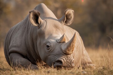 Detailed view of a rhinoceros resting on the ground in natural light