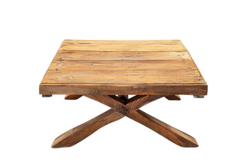 Rustic wooden coffee table with a cross-legged design, perfectly showcasing craftsmanship in a minimalist studio setting isolated on transparent background