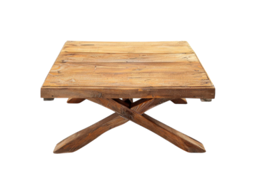 Rustic wooden coffee table with a cross-legged design, perfectly showcasing craftsmanship in a minimalist studio setting isolated on transparent background
