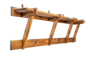 Crafted wooden shelf with hooks, showcasing a rustic design ideal for organizing home items in a cozy living space isolated on transparent background