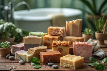 Assortment of handcrafted natural soaps displayed on a wooden surface. Wellness items.