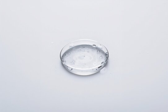 Macro shot of a moist contact lens resting on a white surface with water droplets. Bright lighting. - Powered by Adobe