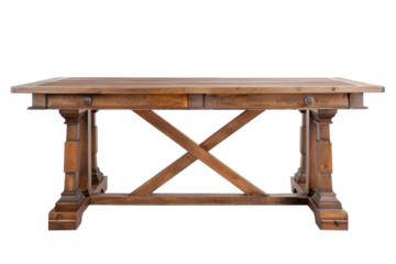 Elegant wooden table crafted from rich timber, designed for dining or work in a cozy and inviting space isolated on transparent background