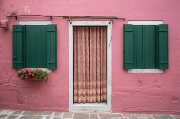 Vibrant houses featuring classic doorways with privacy curtains and floral decorations