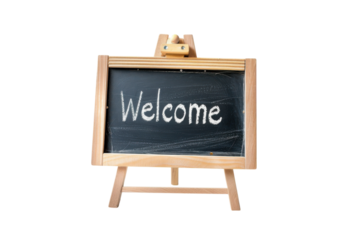 A charming wooden chalkboard displaying the word welcome invites visitors into a cozy café on a bright sunny day isolated on transparent background