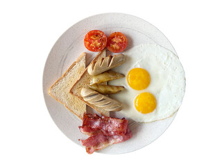 English Breakfast with fried eggs, tomatoes, toast bread and bacon on white plate isolated on white background. Top view