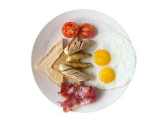 English Breakfast with fried eggs, tomatoes, toast bread and bacon on white plate isolated on white background. Top view