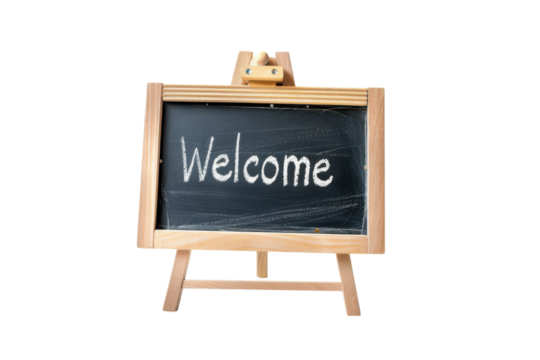 A charming wooden chalkboard displaying the word welcome invites visitors into a cozy café on a bright sunny day isolated on transparent background