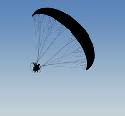 Silhouette of a paraglider with a pilot and straps against a blue sky. Paraglider with a propeller and engine soaring in the sky, extreme sport.	