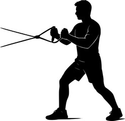 Monochrome silhouette of man pulling resistance bands, minimal vector design ideal for fitness posters, gym icons, workout logos, and stock illustrations