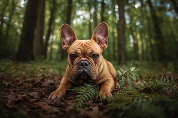 Close-up of a French Bulldog resting in woodland