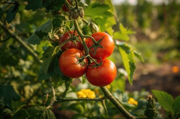 Ripe small red tomatoes growing among green leaves in a natural outdoor setting