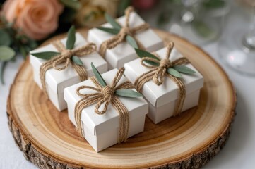 Rustic wedding gift boxes with soaps, decorated with jute ribbon and olive leaves, natural wood plate background, ideal for guest favors and small jewelry keepsakes