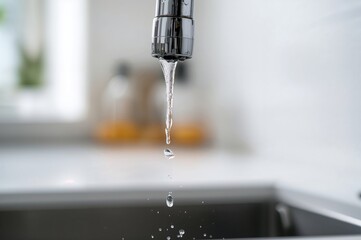 Water droplets dripping from a leaking kitchen tap, causing needless water loss amid global water shortage concerns.