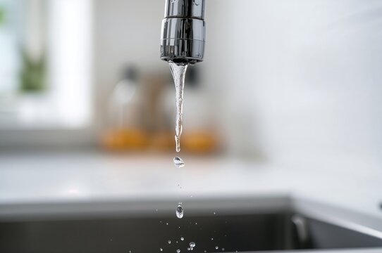 Water droplets dripping from a leaking kitchen tap, causing needless water loss amid global water shortage concerns.