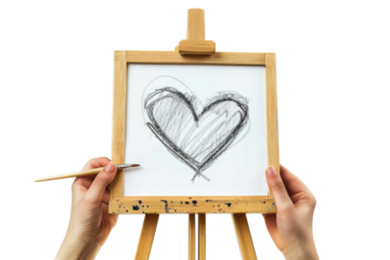 Artistic expression at play as hands create a heartfelt drawing on a canvas in a bright and inviting space isolated on transparent background