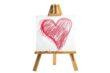 A vibrant red heart drawn on a white canvas mounted on an easel, symbolizing love and creativity in a bright, minimalistic setting isolated on transparent background