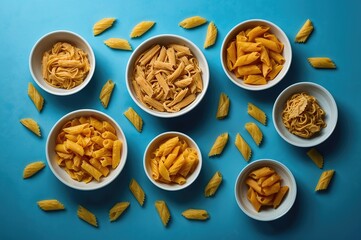 Various Raw Pasta Types in Bowls on a Blue Surface
