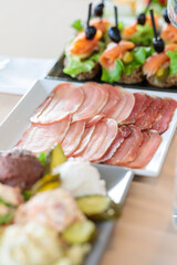 gourmet appetizer platter featuring charcuterie, cold cuts, canapés with salmon, and pickles for an elegant catering or buffet event