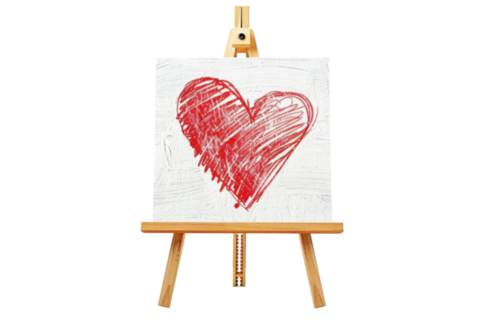 A hand-drawn red heart on canvas captures the essence of love displayed on an easel against a bright background isolated on transparent background - Powered by Adobe