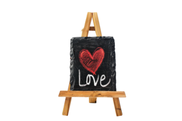 A charming blackboard with a heart and the word love, radiating warmth and affection in a simple yet elegant display isolated on transparent background