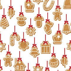Seamless vector pattern with gingerbread Christmas cookies hanging on red ribbons. Festive holiday background with traditional shapes for winter celebration and decoration.