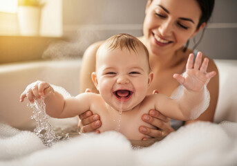 Smiling baby in joyful bath time