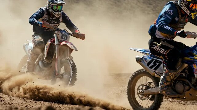 Two men riding dirt bikes on dusty off-road track kicking up sand during motocross race, extreme sport footage.