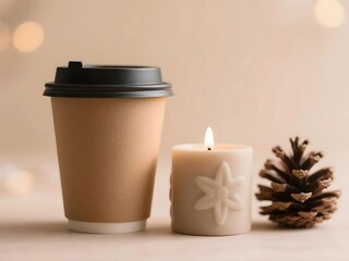 A disposable coffee cup and a lit candle stand beside a pinecone, evoking a cozy and warm atmosphere.