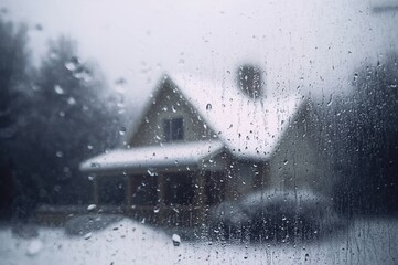 Snow-covered roof of a house viewed through a foggy window