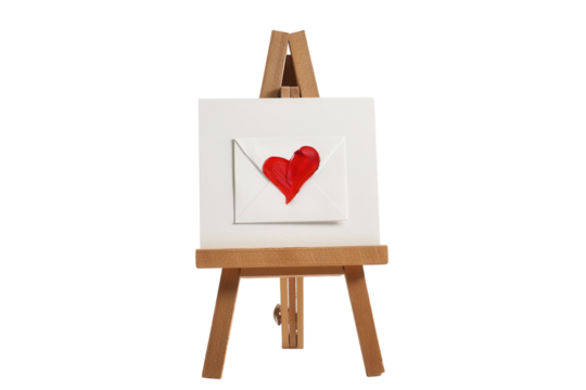 A handcrafted love letter displayed on a miniature easel with a vibrant red heart illuminating a feeling of affection and connection isolated on transparent background