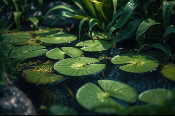 Detailed view of green aquatic leaves on water surface in summer