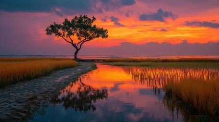 Serene Sunset Over Marshland with Tree Reflection