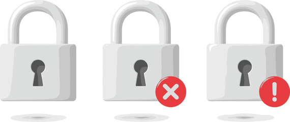 Padlock security icons, access status, error and warning symbols, lock illustration, protection concept, vector design, secure interface, alert graphic