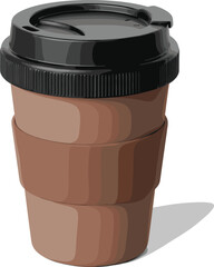 Reusable coffee cup, black lid, brown ribbed design, silicone grip, eco-friendly drinkware, hot beverage container, vector illustration, sustainability