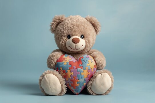 Honor Global Autism Awareness featuring an adorable teddy bear holding a heart decorated with a puzzle piece design on a calm blue background - Powered by Adobe