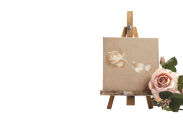 An elegant display of textured art and soft pink roses on a wooden easel in a serene, minimalistic setting isolated on transparent background