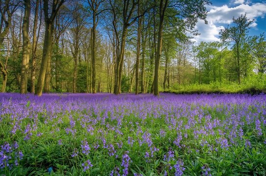 Bluebell Flowers Blooming in a Dense Woodland