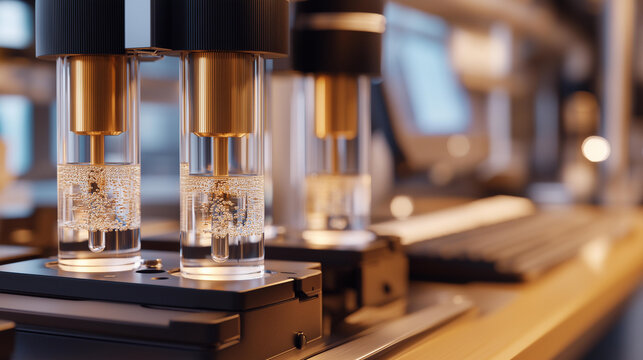 Osmometers measure pressure in a biophysics lab with membranes separating gauges reading samples in chambers and data logging on computers captured in a balanced photo with