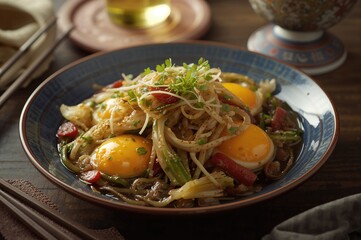 Stir-fried eggs with fresh spring vegetables and aromatic toon buds