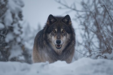 Naklejka premium Wild Canis lupus pambasileus captured on camera in natural habitat