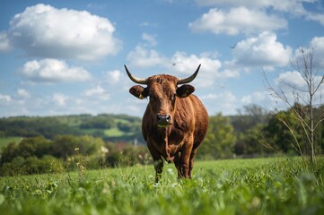 Large-horned brown cattle grazing in a sunny field during summer. Close-up nature scene.