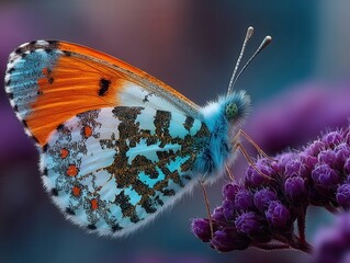 Close-up of a colorful butterfly perched on purple flowers