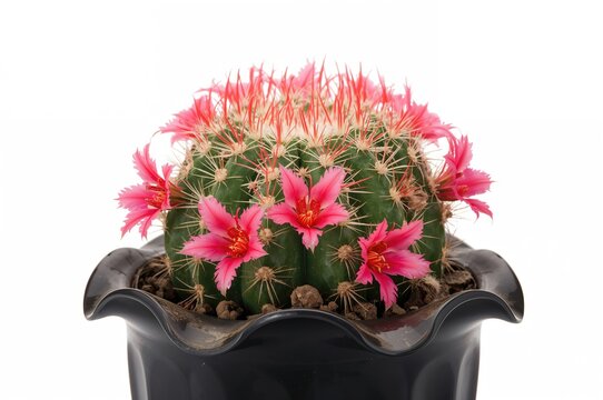 Detailed view of a vibrant echinopsis calochlora cactus in a sleek black container against a white backdrop