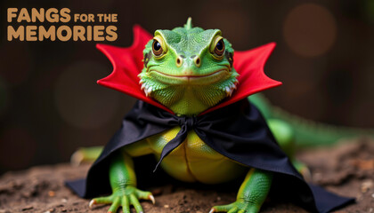 - Lizard in Dracula cape, humorous vampire pun, green with red cape