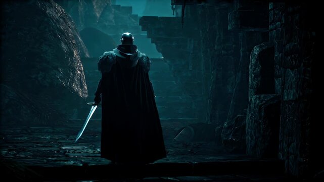A heavily armored dark fantasy knight warrior standing silhouetted deep within mysterious ancient ruins