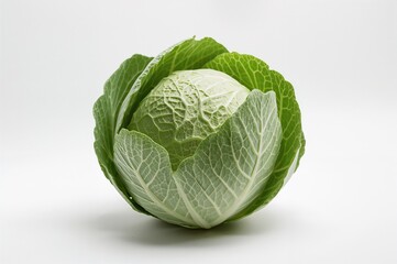 Fototapeta premium Green cabbage on a plain white backdrop, fresh and healthy vegetable, natural summer garden produce
