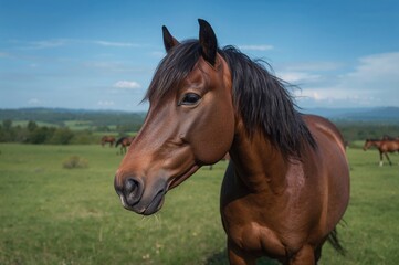 Obraz premium Chestnut horse grazing in a field, wild horses in their natural habitat