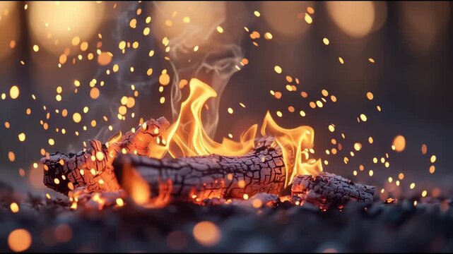 Close-up of a campfire flame, sparks flying, smoldering wood
