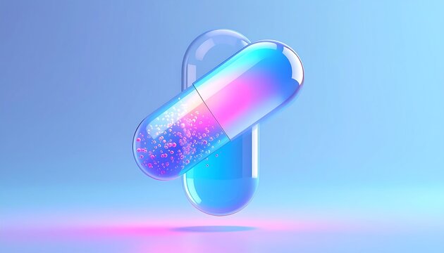 Two translucent, vibrant pills in shades of blue and pink
